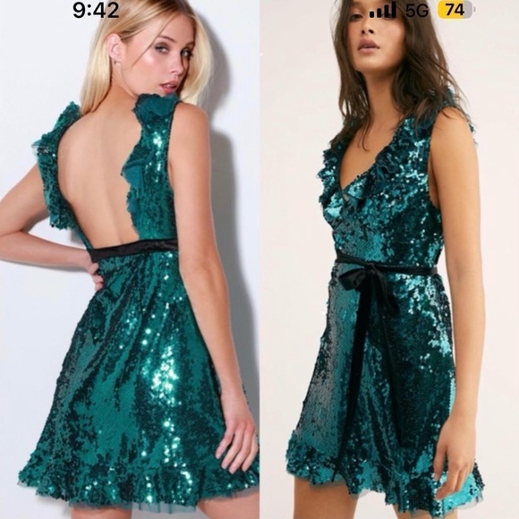 Free People Teal Sequin V-Neck Mini Party Dress with Black Velvet Tie - Picture 2 of 12